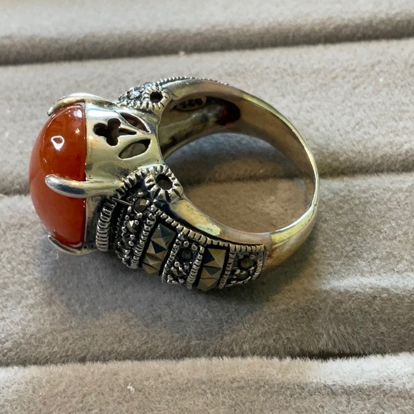 Elegant Orange and Marcasite Sterling Silver Ring - Picture 3 of 5